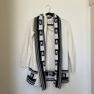 Greek Key Cream and Navy Blue Open front Sweater Suggest Size L